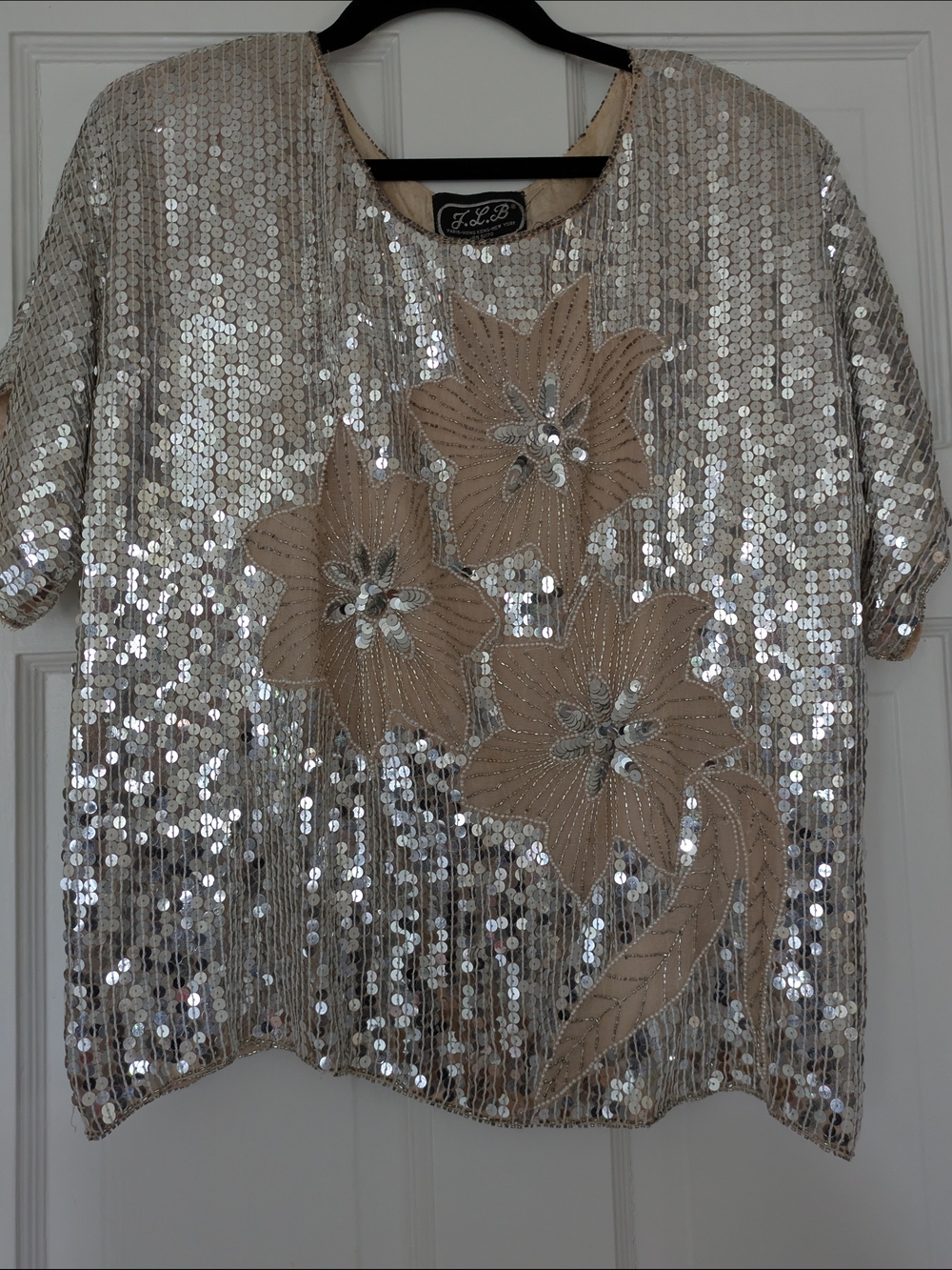 Vintage J.L.B Silver Sequin Floral Short Sleeve Top L